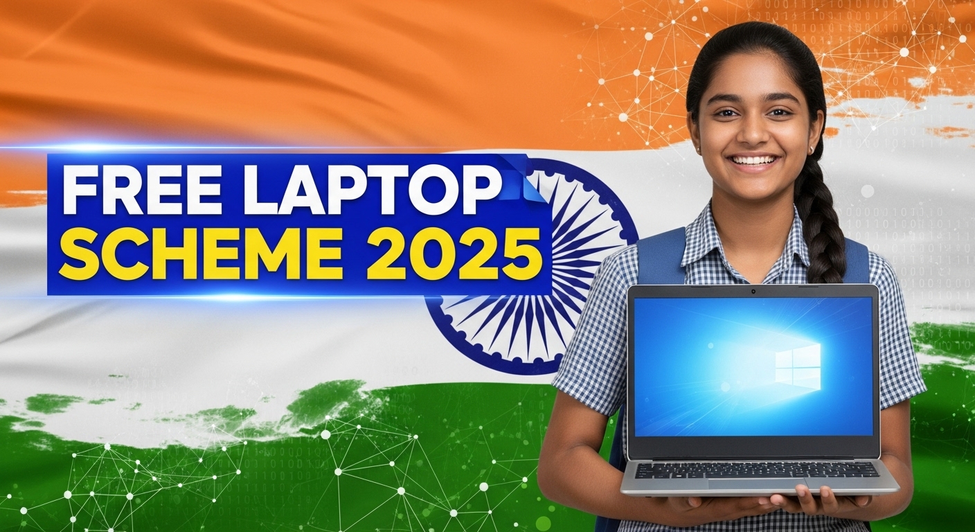 भारत की “फ्री लैपटॉप योजना 2025” पर आधारित एक आकर्षक यूट्यूब थंबनेल, जिसमें एक खुश छात्र नया लैपटॉप पकड़े हुए दिखे, पीछे भारतीय झंडा और डिजिटल बैकग्राउंड हो, मोटे अक्षरों में लिखा हो — “फ्री लैपटॉप योजना 2025”, नीले और पीले रंग की चमक के साथ, आधुनिक और सरकारी स्टाइल डिज़ाइन।