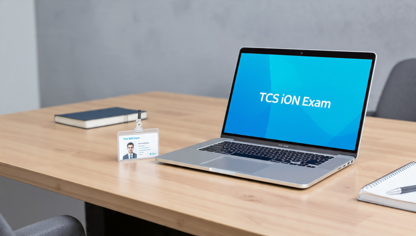 “A clean, modern office desk with documents, a laptop showing ‘TCS iON Exam’, ID card, pen and notebook — professional article header style.”