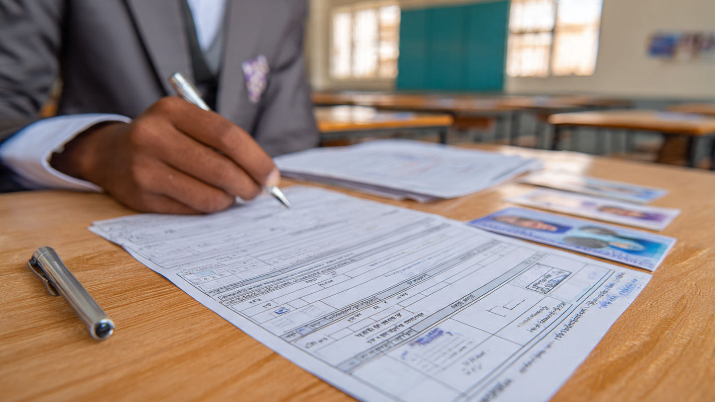 "A student sitting at a school desk, filling out a 10th class Punjabi Additional Subject form, documents like Aadhaar card, passport-size photos, and a pen placed neatly on the table, clean classroom background, bright lighting, educational theme, highly detailed, realistic."