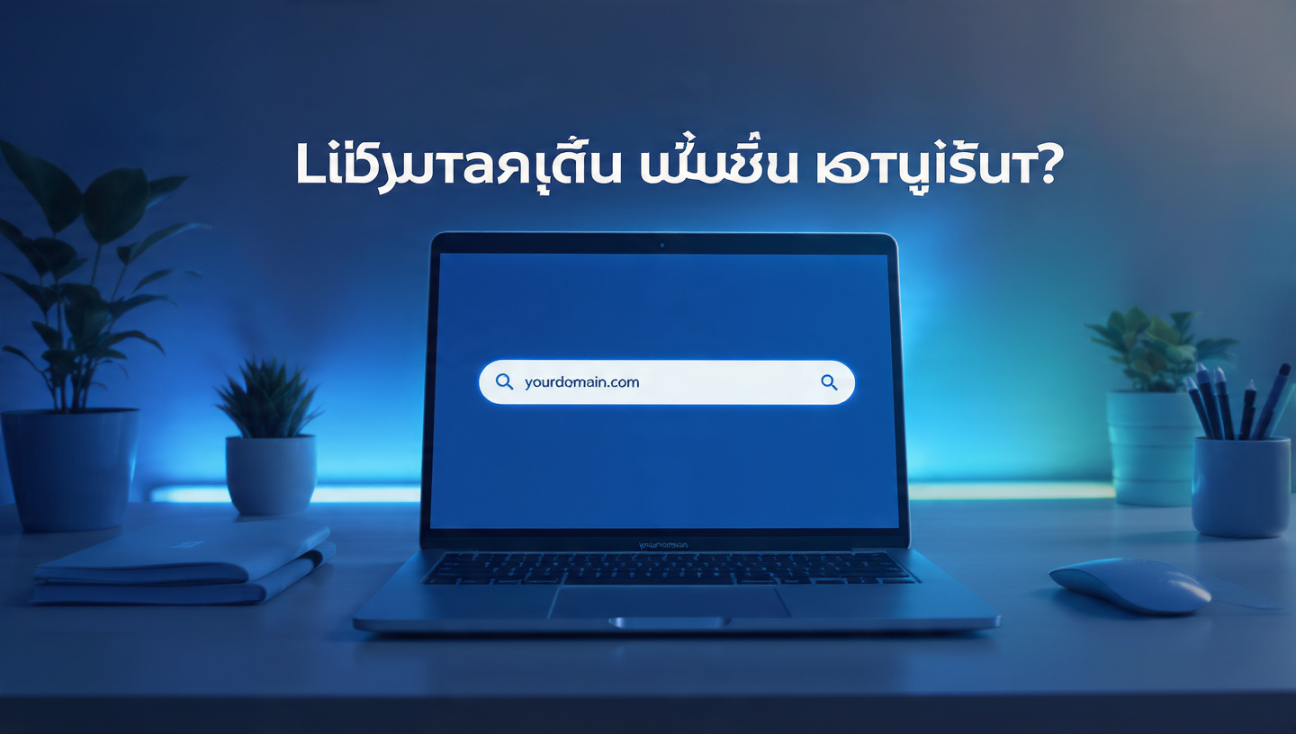 “a laptop on a clean desk, screen showing domain search bar typing ‘yourdomain.com’, modern office background, soft lighting, blue-white color theme, ‘साइट का डोमेन कैसे लें?’ text on top, high detail, ultra HD”