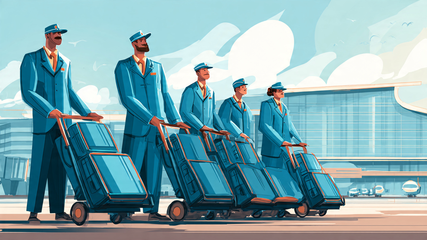 “Delhi airport job recruitment scene, ground staff and security staff standing with luggage trolleys, modern airport terminal background, blue professional theme, HD illustration”