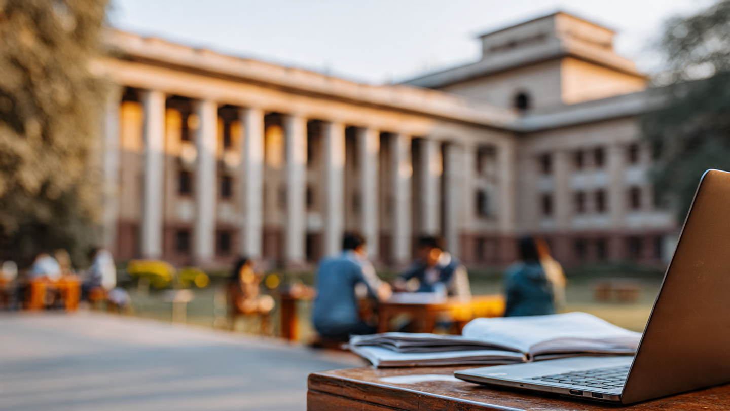 Delhi Secretariat building background, DSSSB exam preparation theme, Indian students studying with books and laptop, government job concept, professional documentary style, high quality, realistic lighting