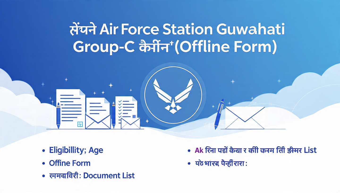 A clean and professional infographic-style poster about ‘Air Force Station Guwahati Group-C Recruitment – Offline Form’. Background: Air Force blue gradient with light clouds. Center: Indian Air Force logo (stylized, not copyrighted), modern flat icons of documents, pen, envelope, and application form. Text on top in bold Hindi: ‘✈️ Air Force Station Guwahati Group-C भर्ती (Offline Form)’ Below text sections: – Eligibility, Age, Offline Form – Document List – Selection Process Style: Modern, high-clarity, government-style notice design, neat layout, white and blue color theme, HD graphics, sharp edges, no real emblems, no copyrighted logos, only illustrative icons. 4K resolution.