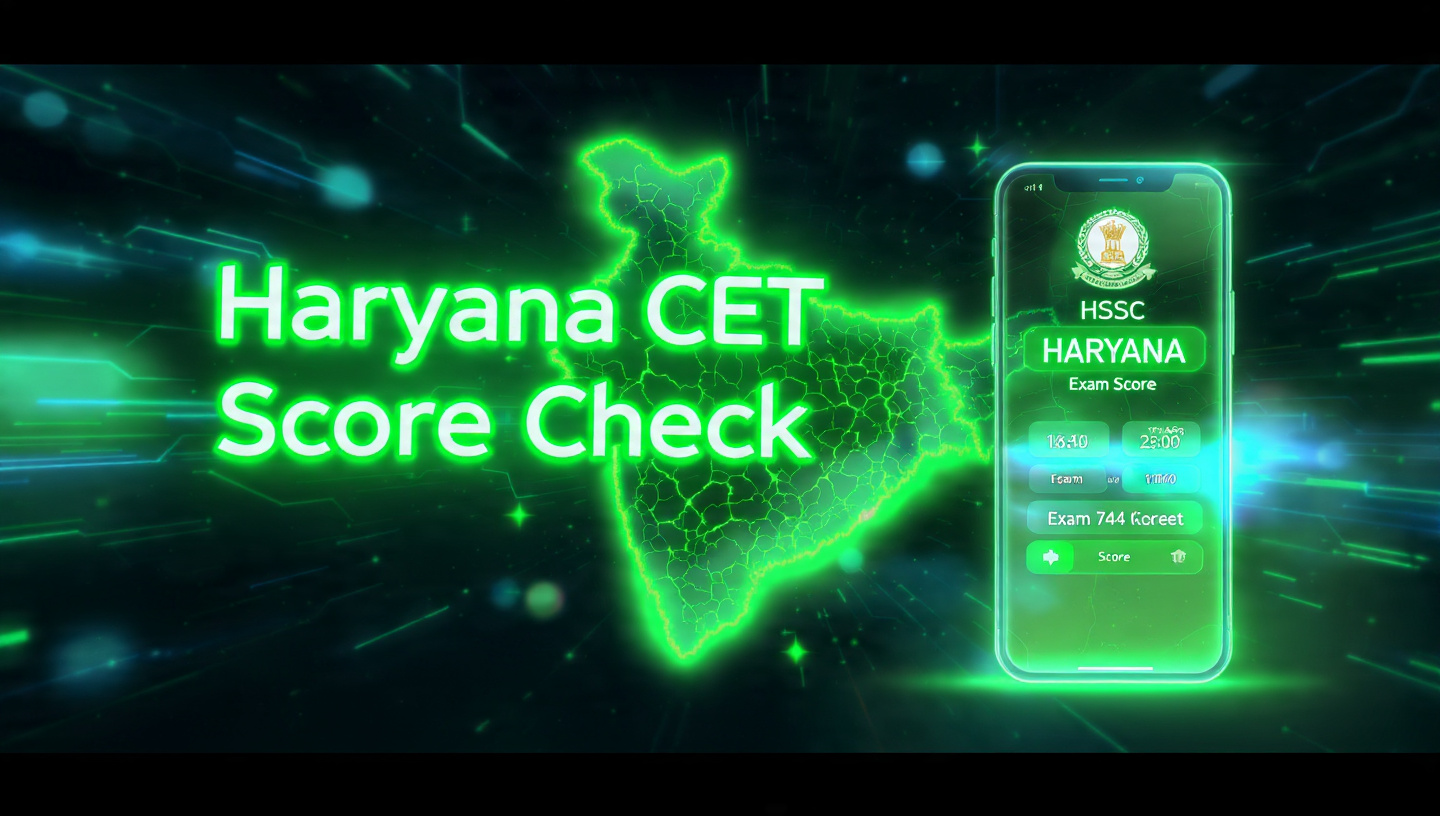 “GREEN THEME poster with big title ‘Haryana CET Score Check’, Haryana map glowing in neon green, smartphone screen showing exam score, HSSC logo–style icon, modern UI elements, clean infographic layout, bold fonts, emergency blue lights background, high-detail HD poster, 3D glow effects, exam result theme, professional design”
