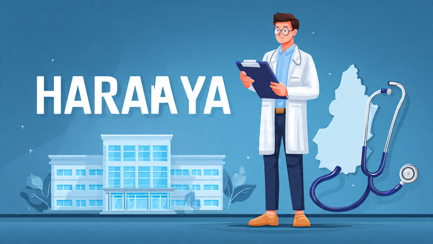 "Haryana Health Medical Officer Recruitment 2025, clean modern government job announcement poster, bold headline, medical theme background, stethoscope, hospital building silhouette, doctor standing in white coat holding file, Haryana map outline lightly glowing, blue-white color scheme, high clarity, HD, professional typography, minimalistic design, official-style layout, recruitment notification look, sharp details, 4K"