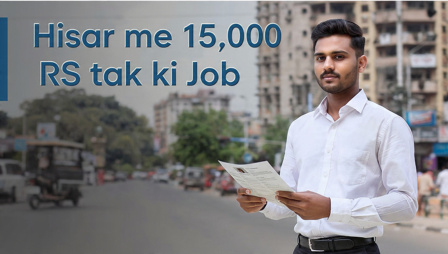 "young indian job seeker standing in front of Hisar city background, holding resume in hand, text on top ‘Hisar me 15000 RS tak ki Job’, clean professional design, modern blue theme, high quality, job search concept poster"
